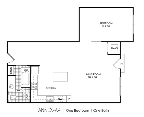 Floor plan for 1 bed, 1 bath, 766 sqft